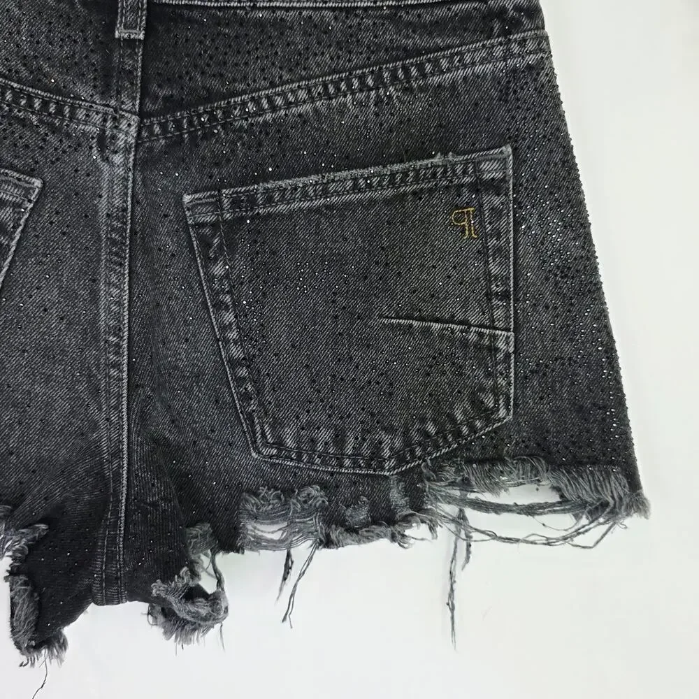 Pilcro Anthropologie Devon Denim Shorts 25 Black Rhinestone Distressed Frayed